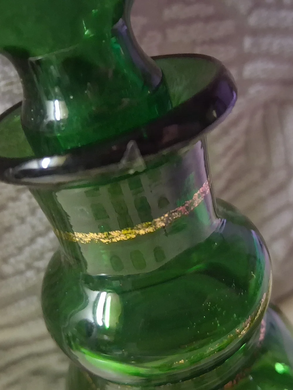 1960s Green Glass Decanter and 5 Shot Glasses with Gold Trim
